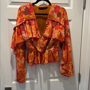 House of Harlow Ruffle Sleeve Top - Orange and Red